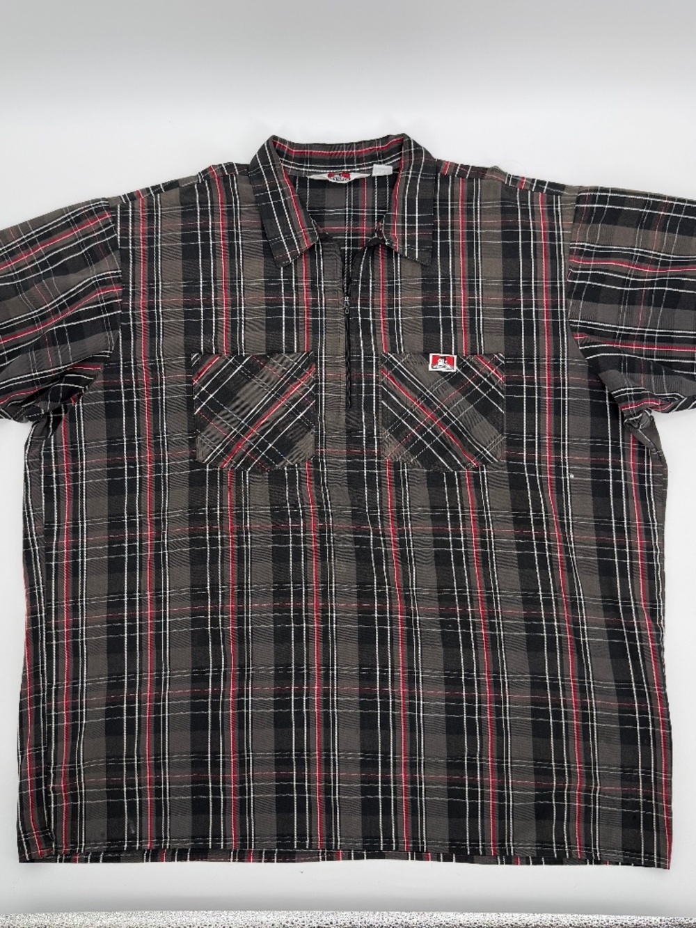 Ben Davis Shirt Black Grey Red Plaid Half Zip Short Sleeve Made In USA Work 3XL